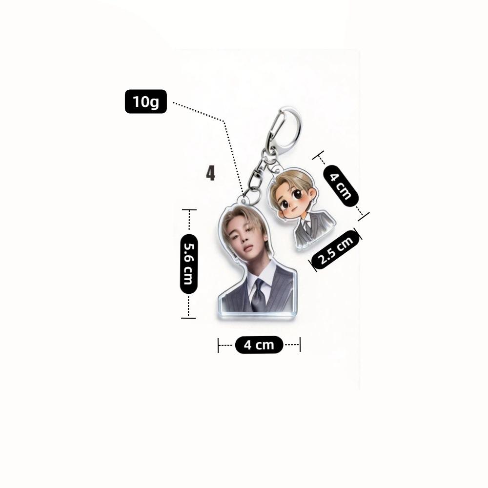 BTS Double Charm Keychain, Real Photo & Cartoon Suit Figure Keyring, Kpop ARMY Fans Bag Charm