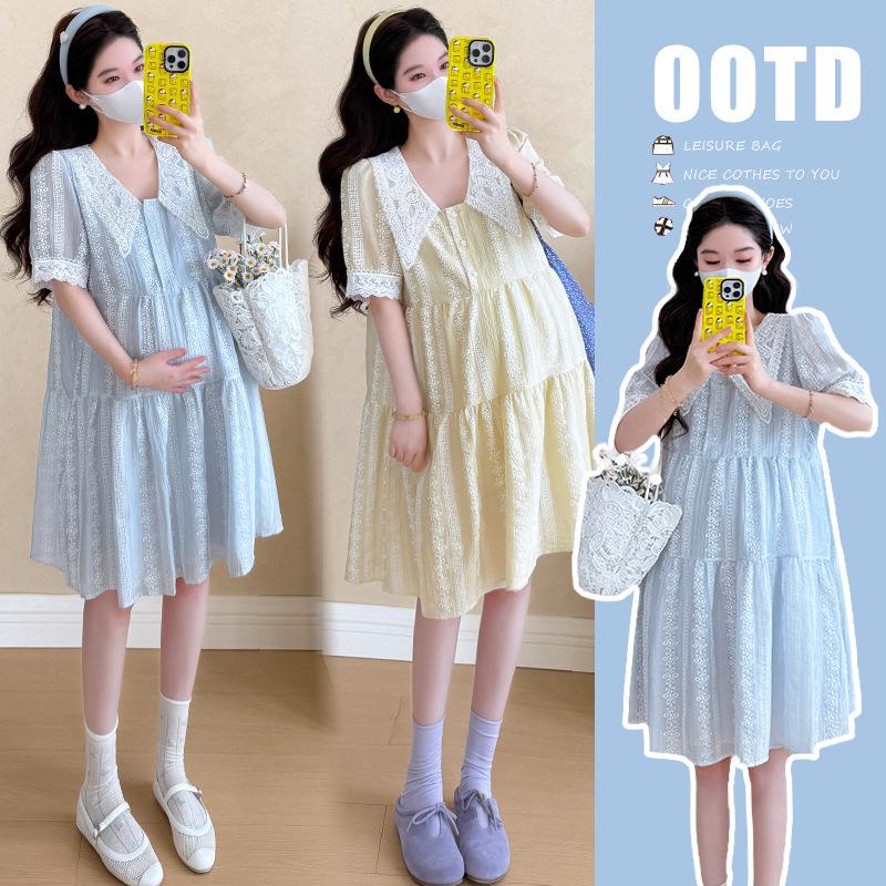 Trendy Maternity Summer Dress: Sweet Lace Collared Short Sleeve Skirt for Fashionable Moms