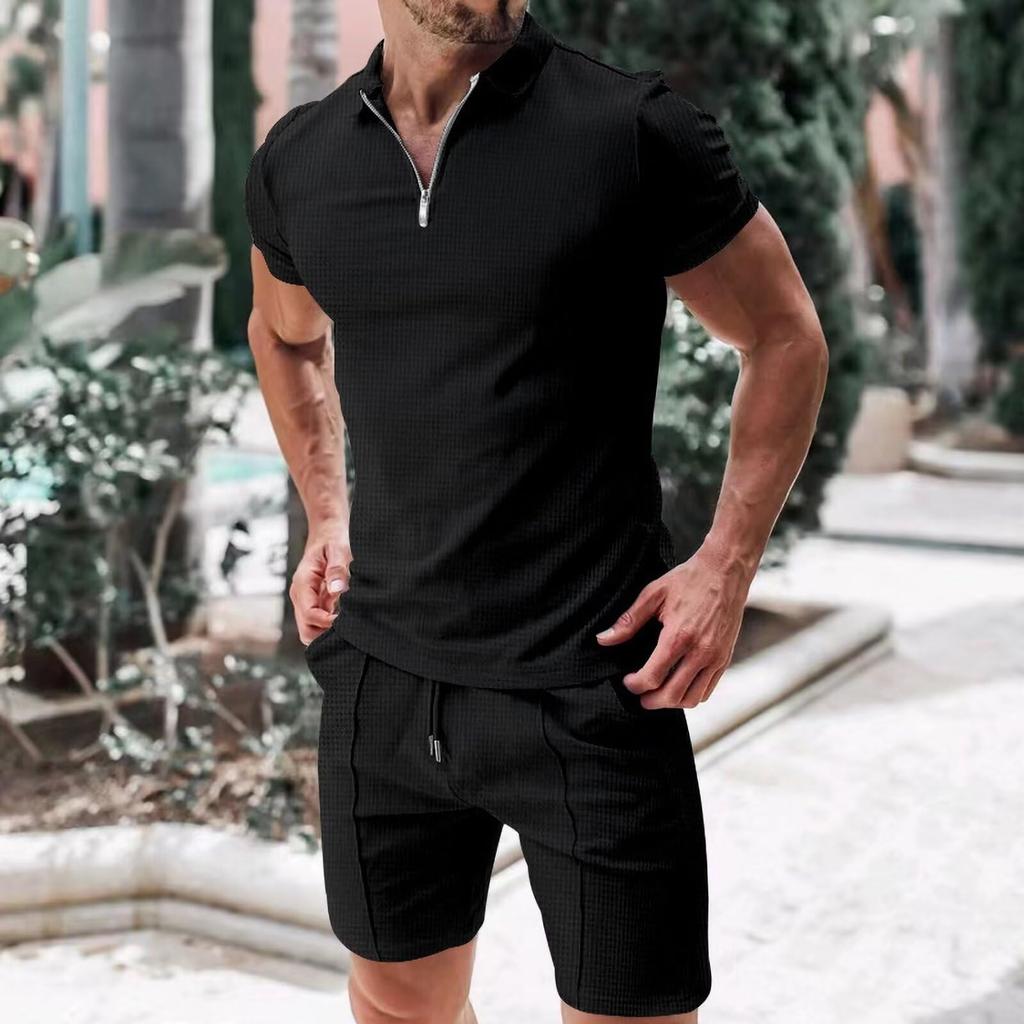 Anmurye Summer Tracksuit Short Sleeve Polo Shirt and Casual with Adjustable Solid Breathable Men's Set, Shorts, V-Neck Zipper, Comfortable, Waist,