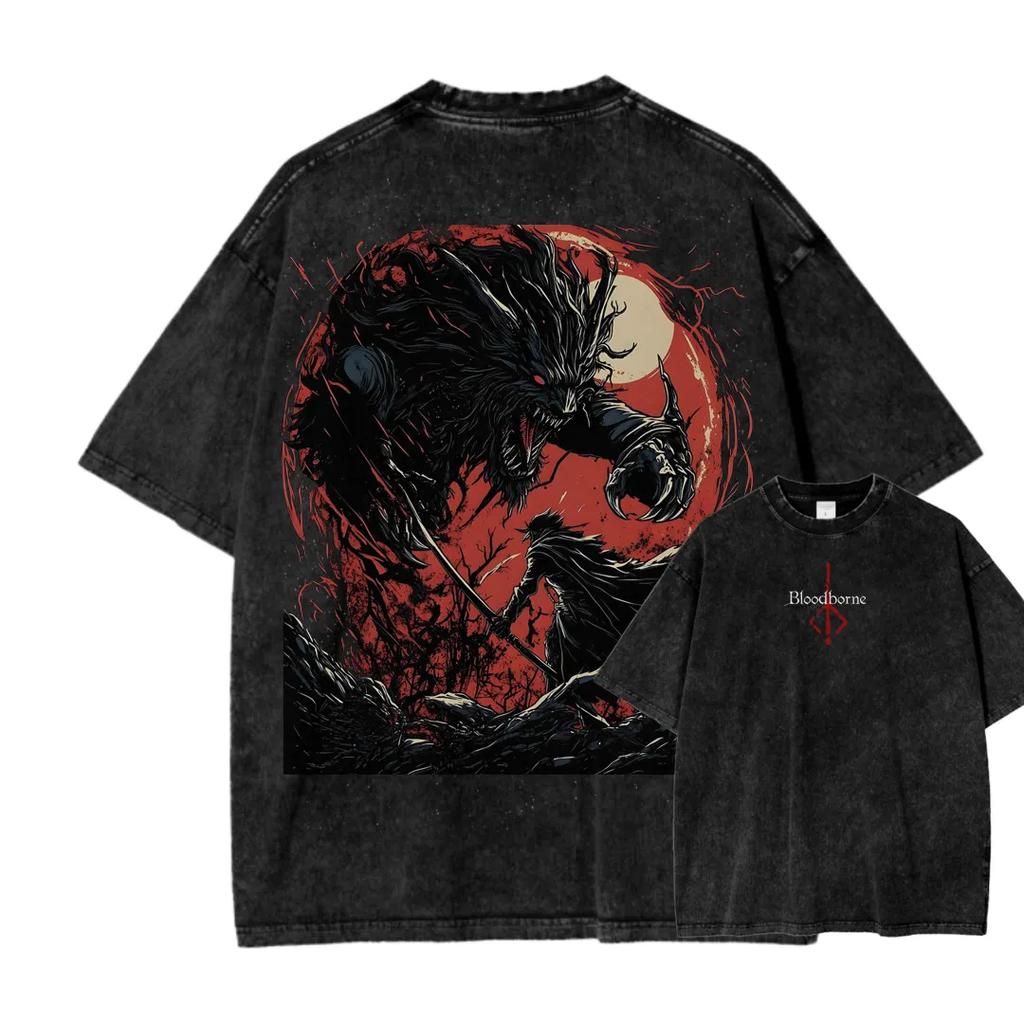 New Top Fashion Action Roleplaying GameBlood Borne Peripherals Print Tshirt Vintage Washed Men Women Cotton Loose Oversize Tee
