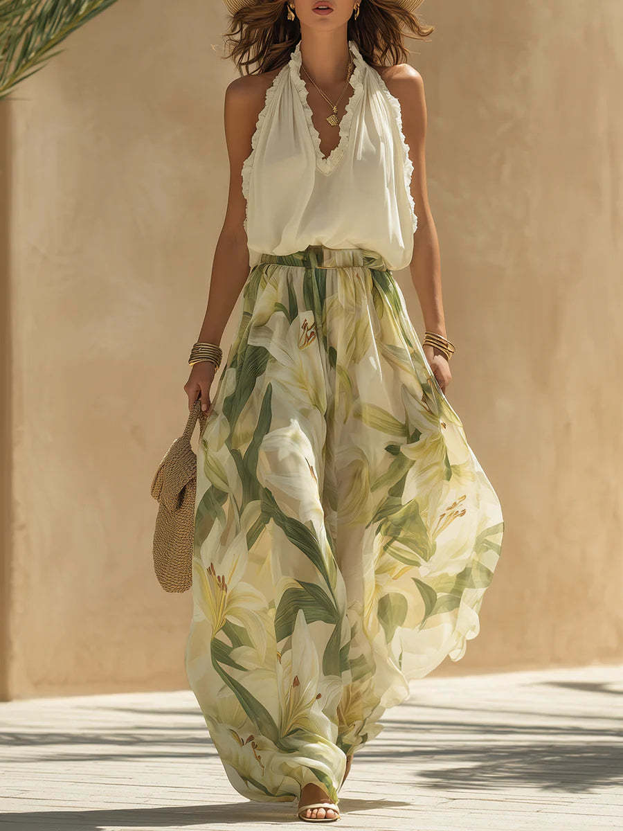 Women Sleeveless Halter Neck Lace Trim Crop Top Floral Print Wide Leg Pants Set XS