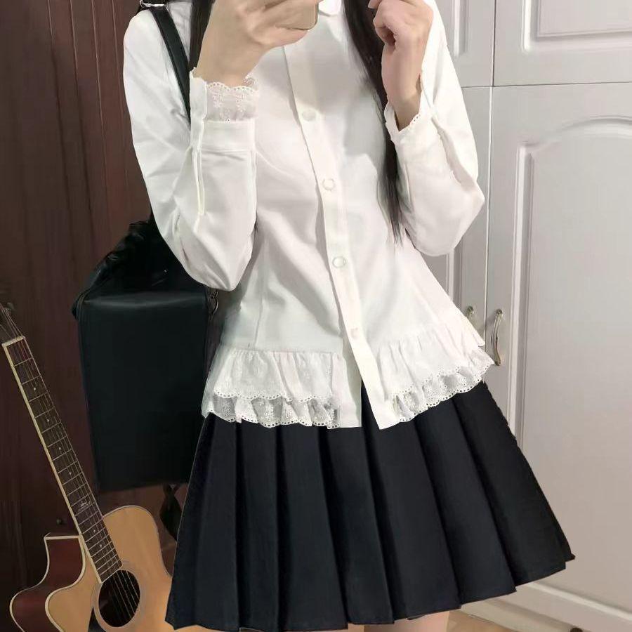 Women's Spring College Style Lace Trim Two-Piece Set: Slim Waist-Cinched Long-Sleeve Shirt & Pleated Skirt