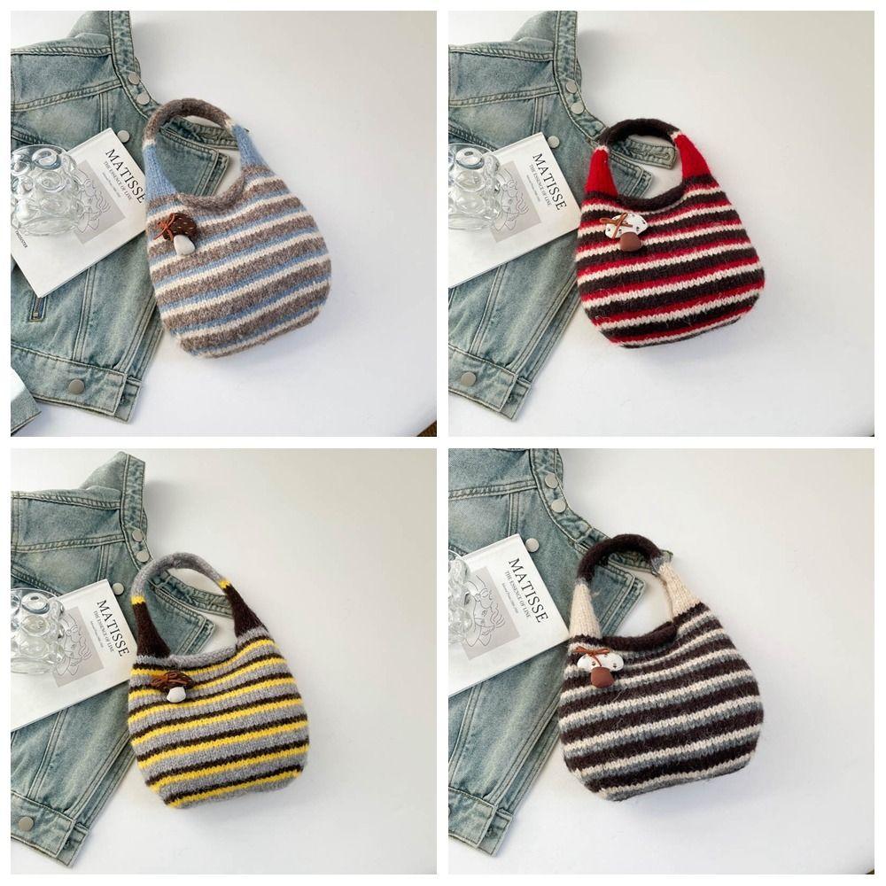 Color-Block Knitted Wrist Bag Japanese Style Wool Bucket Bag Little Mushroom Handbag  Shopping Bag