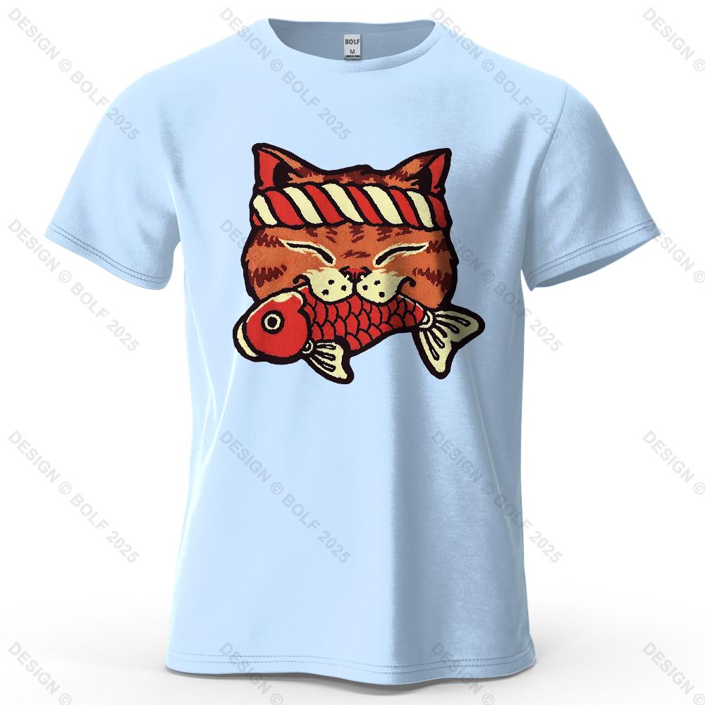 Cat Holding Fish Printed Men s T-Shirt 100% Cotton Oversized Cute Cartoon Funny Graphic Tees for Women Tops Tees Streetwear S