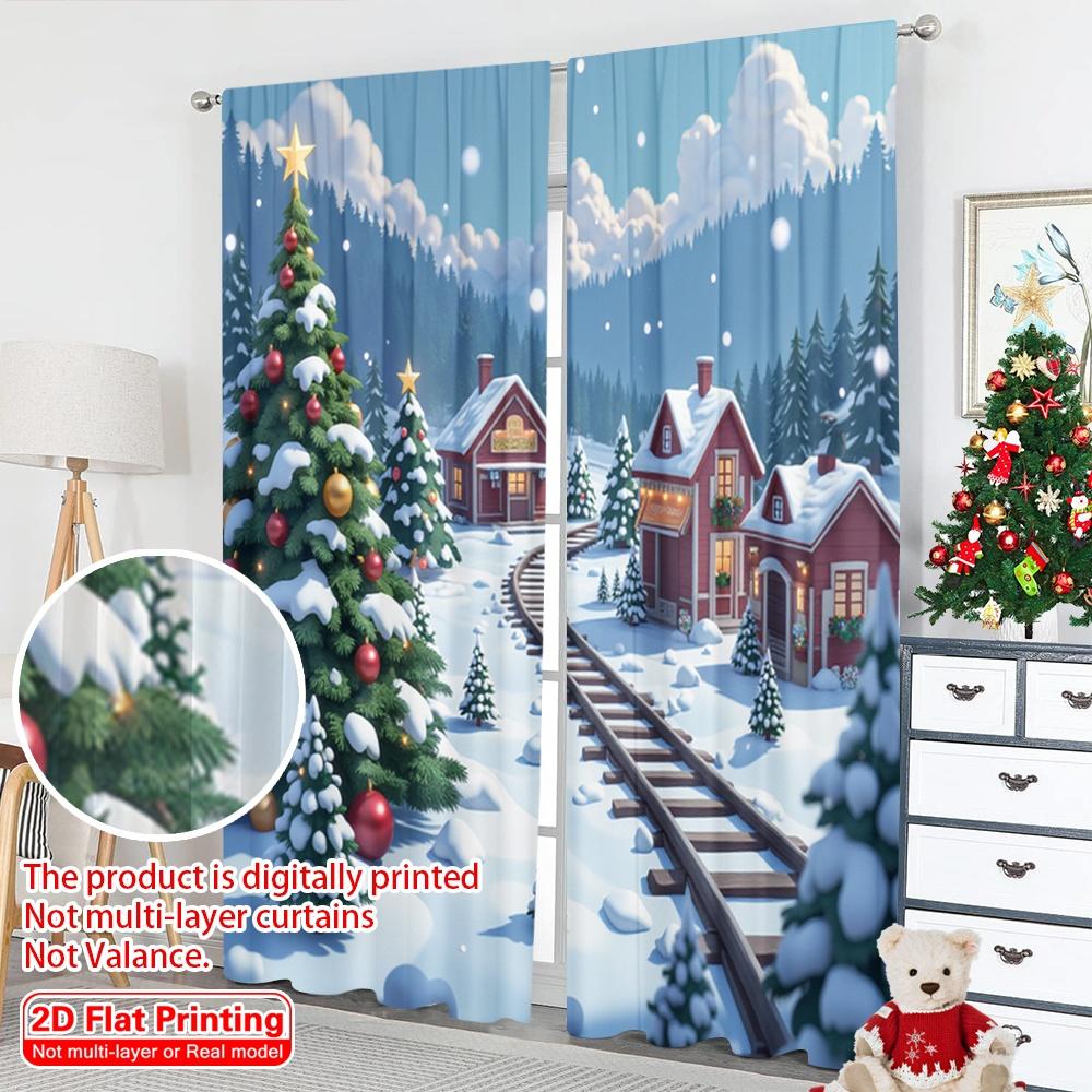 2pcs 2D Flat Printing Merry Christmas Popular Drapes Christmas Village Train Scene_b Polyester Without Electricity Festive