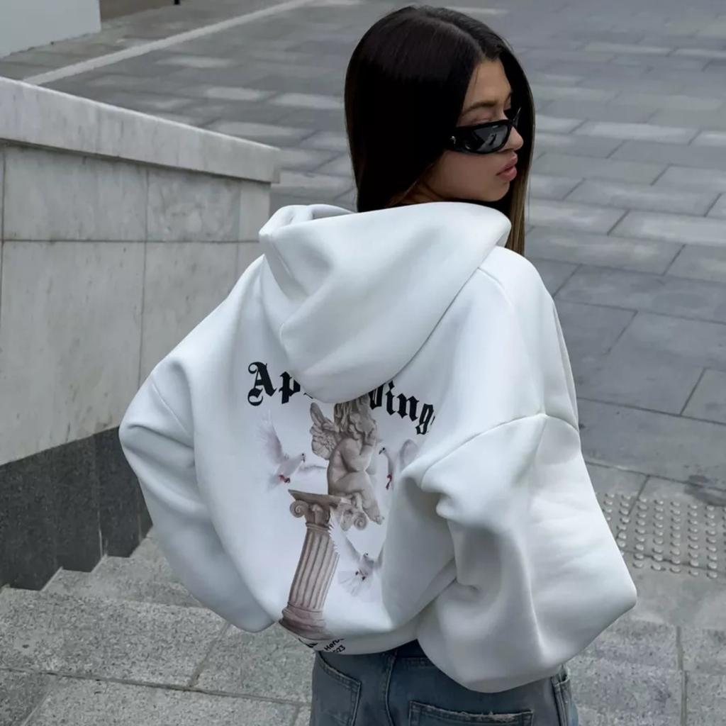 Women's Back Printed Hooded Sweatshirt Fashion Loose Zipper Sweatshirt Jacket