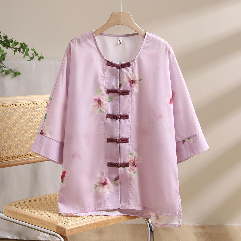 

2025 лето новый улучшенный чайный костюм китайский дзен рубашка с круглым вырезом женская ретро тонкая свободная скрывающая недостатки фигуру блузка на пуговицах M