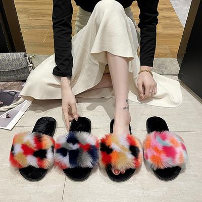Fashion Colorful Plush Slippers Indoor Slippers Women Winter Warm Fashion Soft Fluffy Slides Casual Flat Open Toe Home Bedroom Slippers
