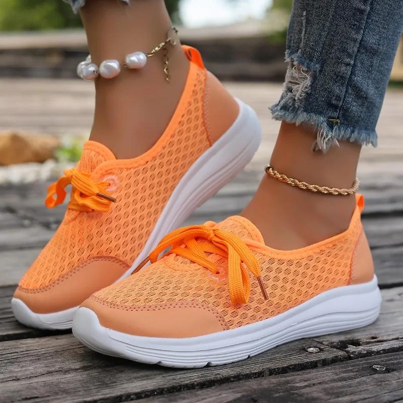 Casual Flat Sneakers Fall New Round Toe Deep Mouth Spliced Mesh Breathable Lace-Up Soft Sole Non-Slip Sneakers