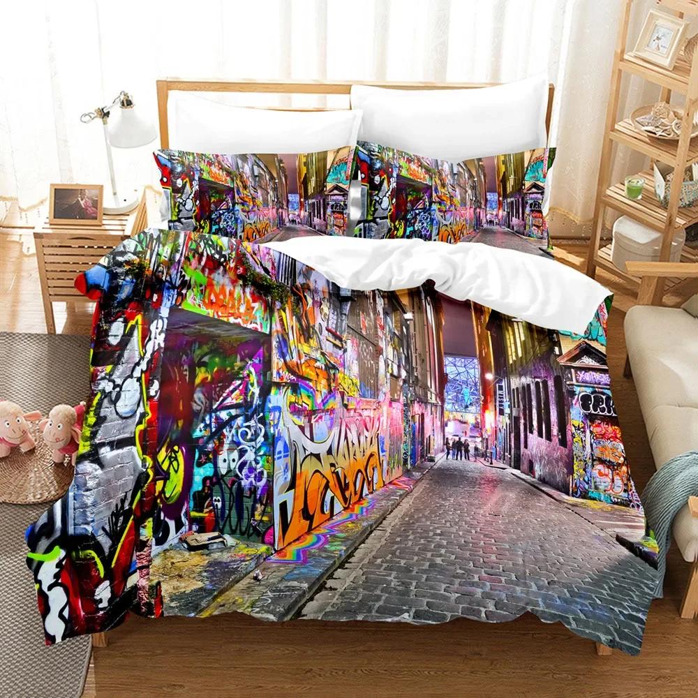 Graffiti Duvet Cover Set King/Queen Size Kid Boys Youth Modern Wall Urban Street Art Painting Polyester Bedding Set Pillowcases