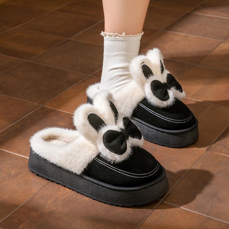 Pantoufles en coton automne et hiver nœud lapin semelle épaisse antidérapantes velours semelle épaisse mignonnes chaussures thermiques