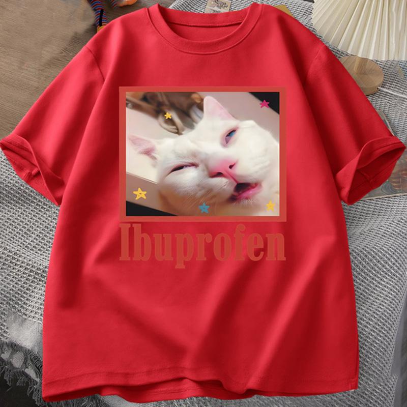 Ibuprofen Cat Meme Tshirt Funny Cat Graphic Tee Cute Cat Lover Cotton T-Shirt Casual Funny T Shirts Unisex Oversized Tshirt Tee