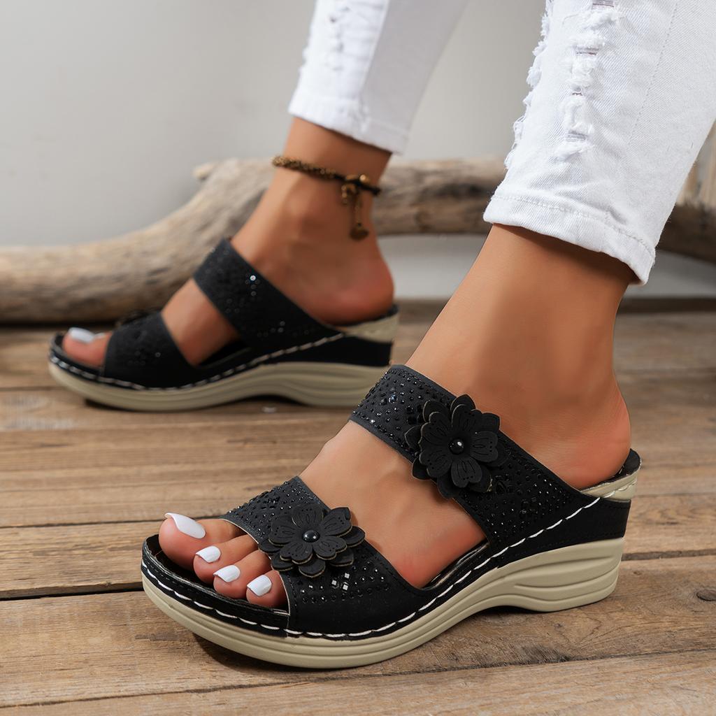Fashion New Women's Simple Shoes Summer Retro Roman Sandals Women Pu Casual Flower Wedge Sandals Slippers Women Platform Slippers