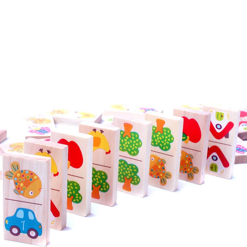 28pcs Wooden Domino Fruit Animal Puzzle Cognitive Building Blocks Stacked Toys Montessori Children Learn Educational Toy Gift