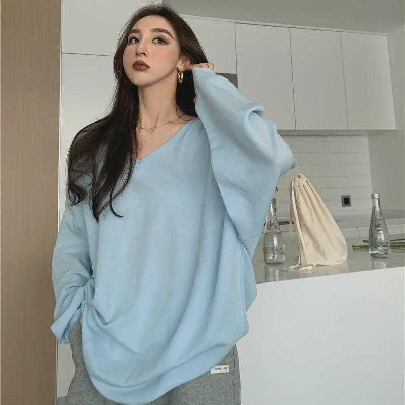 Women's Oversized V-Neck Long-Sleeve Top – Autumn/Winter Loose Fit