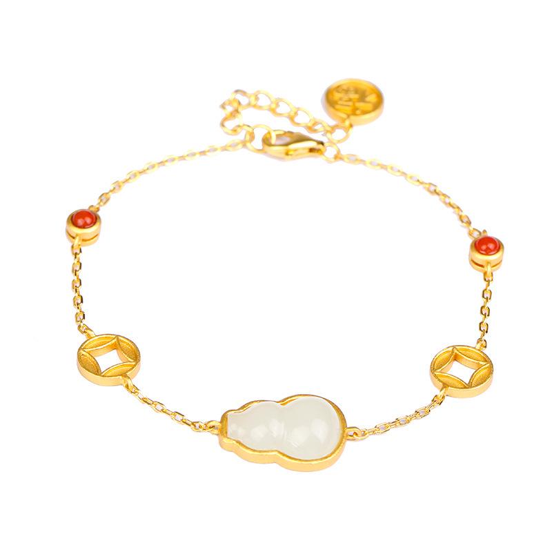 Retro Ruyi Gourd Bracelet with Imitation Hetian Jade and Zirconia Coin - Court Style Jewelry for Women