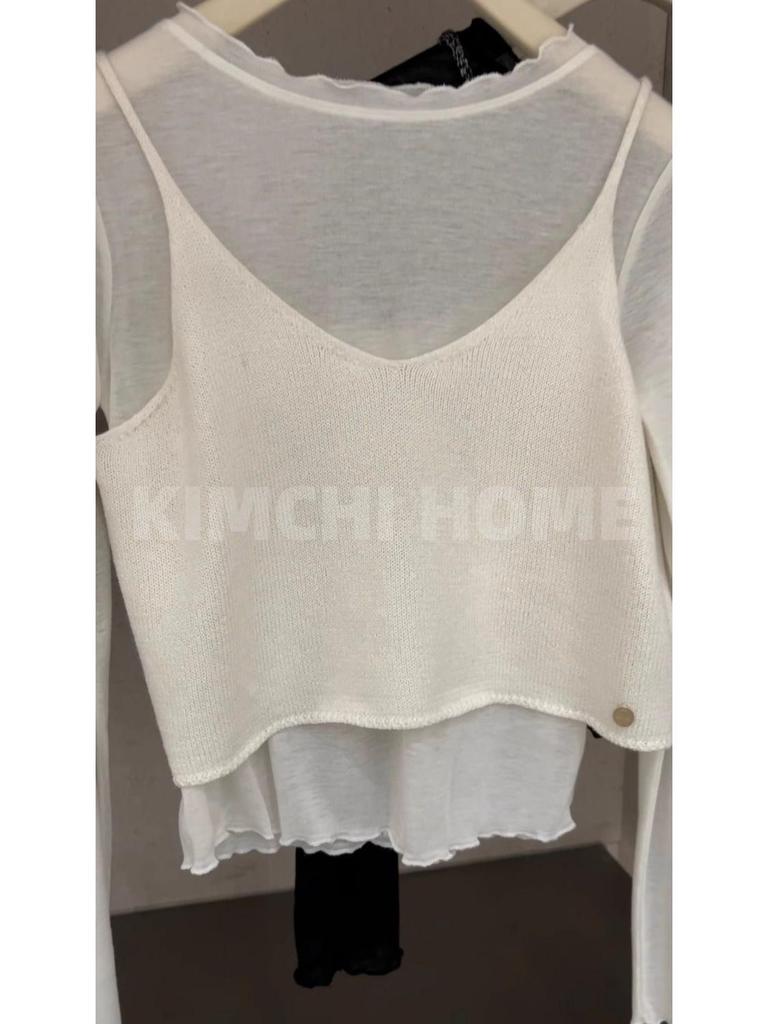 Süßer Rüschen-Cardigan mit Rundhalsausschnitt in Milchgeschmack-Optik zum Layern - Damen Dünnes, halbtransparentes Langarm-T-Shirt