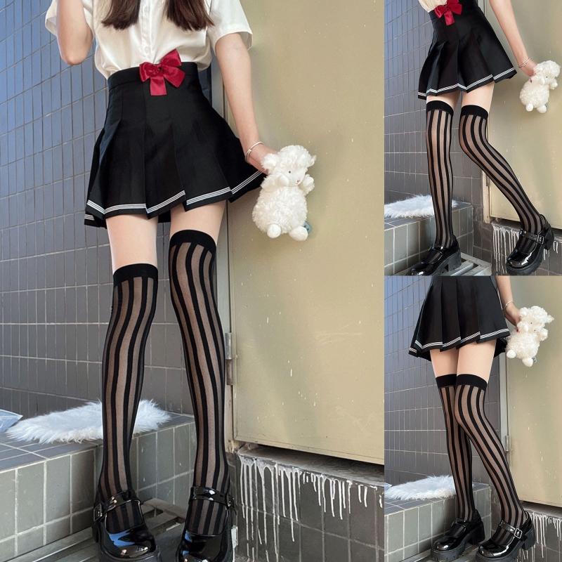 Women Over Knee Thigh High Socks Long Tube Leg Warmers Stocking Dark Vertical Stripe Leggings Sock