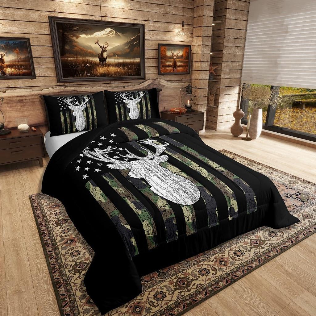Deer Camo Comforter Set Queen Antlers Hunting Camo Bedding Sets For Teen Boys Men Camouflage American Flag Bed Bedding Set