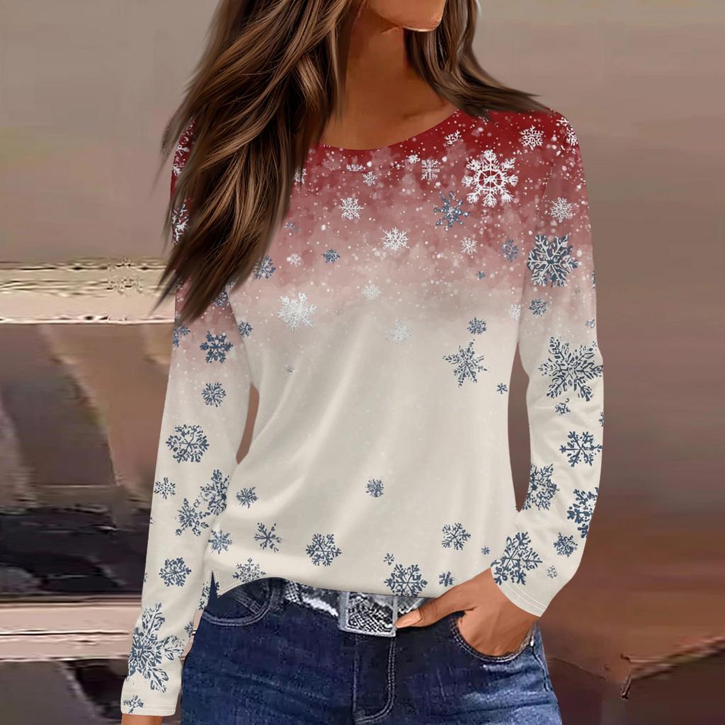 Women's Fashion Casual Slit Hem Round Neck Long Sleeve Loose Christmas Printed T-Shirt Ladies Top
