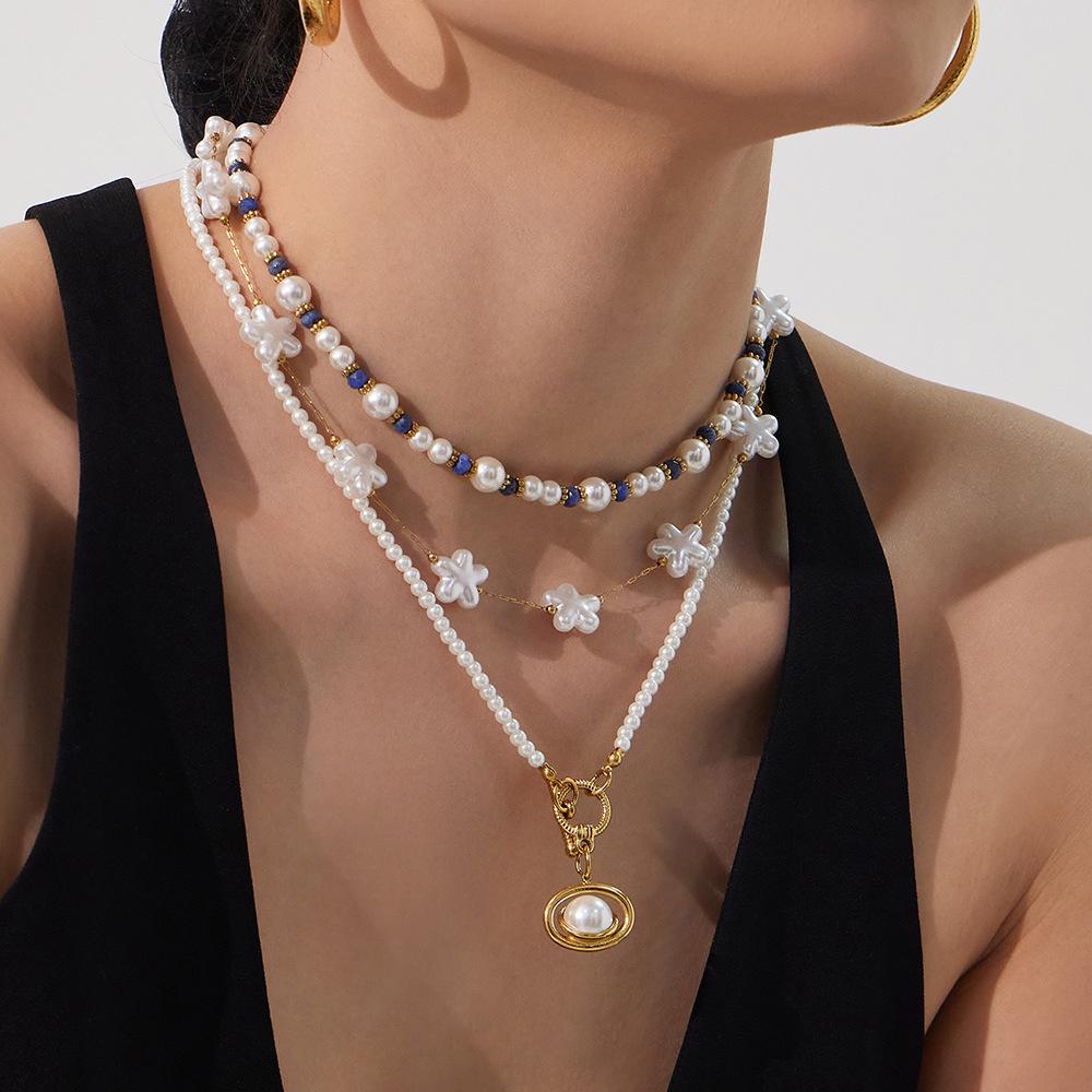 Elegant 18k Gold-Plated Stainless Steel Necklace with Imitation Pearl Beads and OT Clasp