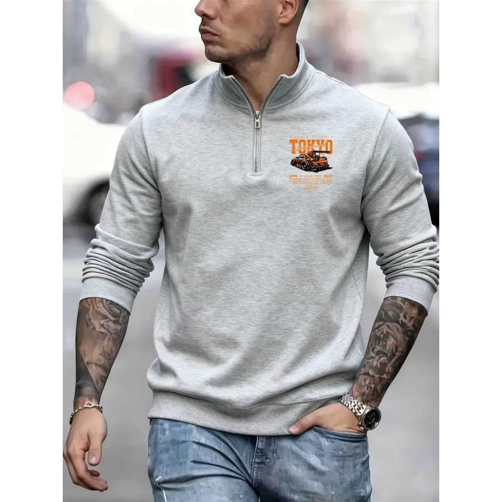Tokyo Metro s New Men s Casual Sportswear with Supercar Print, Stylish and Cool Long Sleeved Polo Shirt with Zipper S серый