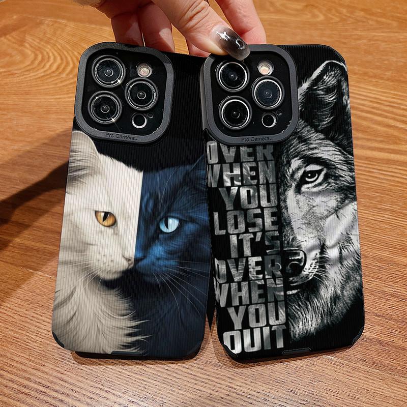 Handyhülle aus Leder mit vertikaler Maserung, Wolfskatze-Druck, weiches Silikon, Rückseite, mit vollem Kameraschutz für Samsung