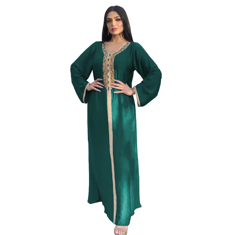 AB073 Women's Lace Abaya with Ribbon & Hot Drill Detail - Middle Eastern Fashion Robe