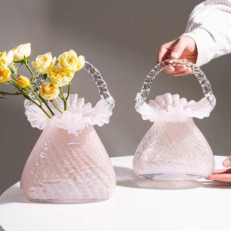 Luxuriöse Kristallglas Handtaschen-Vase, Elegante Glas-Korb-Blumenvase mit Kristallglasur-Finish für die Wohnkultur