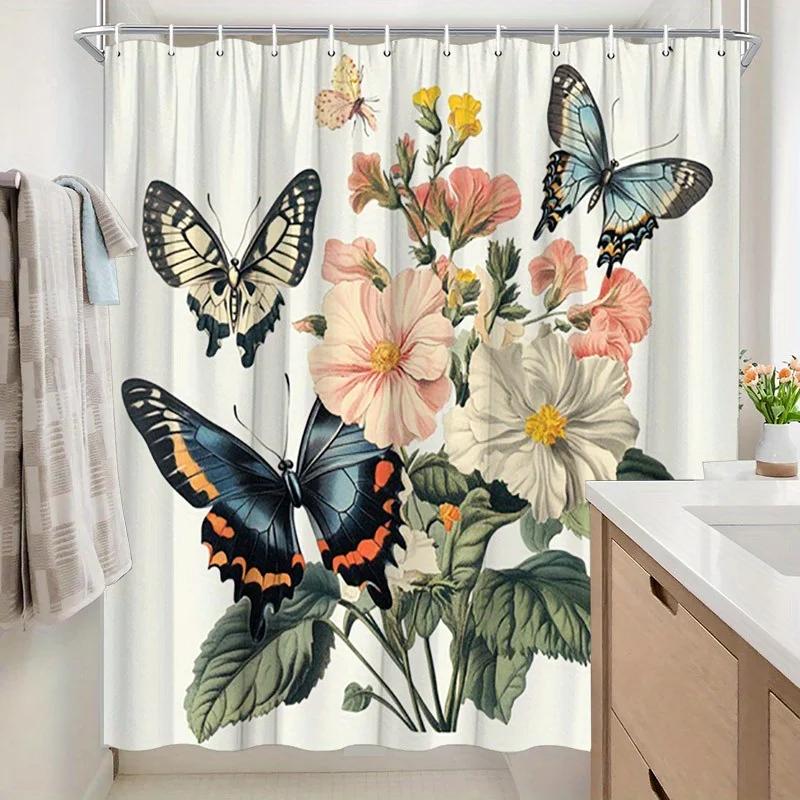 Butterflies and Blooms Shower Curtain - Water-Resistant, Easy To Clean, Adds a Graceful and Nature-Inspired Touch To Your