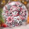 Pink Snowman Poinsettia Christmas Round Wooden Hanging Sign, 2D Flat Printed Front Door Decor, Winter Floral Xmas Wall Ornament Gift