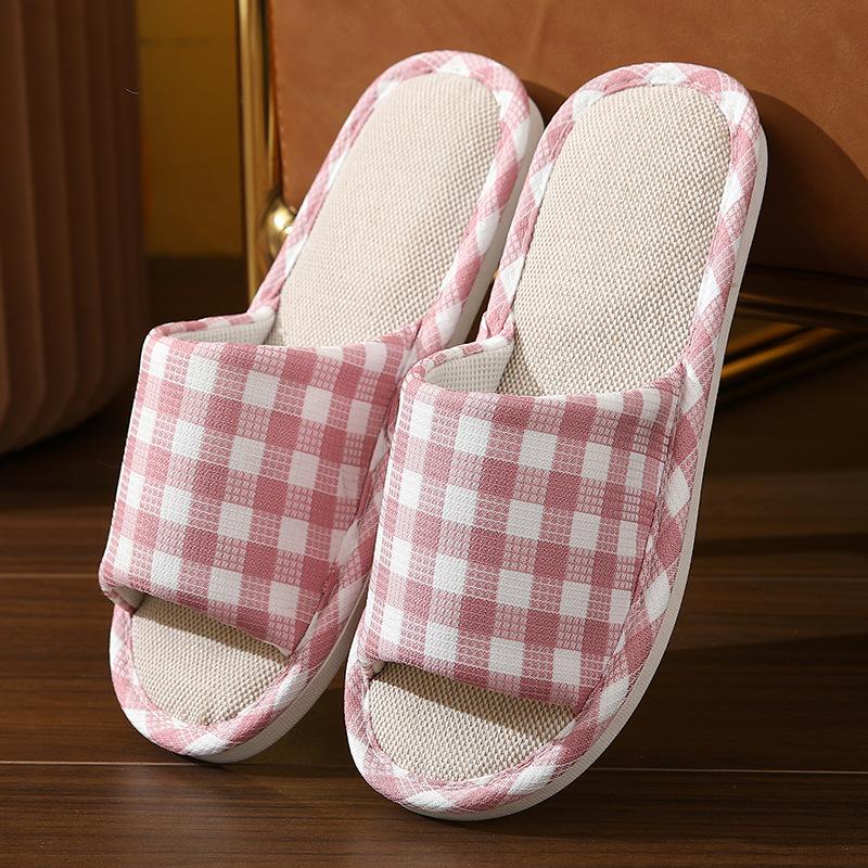 New Four Seasons Wood Flooring Home Couple Cotton and Hemp Four Seasons Cloth Slippers Diamond Checkerboard and Linen Slippers