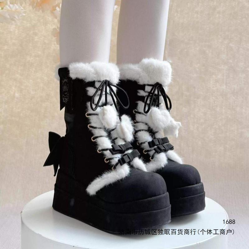 Cute Fluffy Lolita Winter Warm Fleece-Lined Platform Snow Boots Women Sweet Style Black Pink Blue