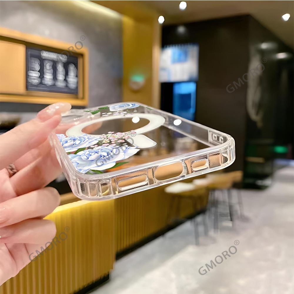 iPhone16 mobile phone case transparent blue rose MagSafe magnetic suction Apple 17Pro small fresh anti-drop protective case