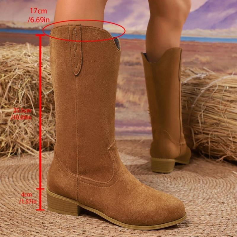Women's Autumn Suede Western Cowboy Leather Boots - High Heel, Embroidered, Retro, Fashionable
