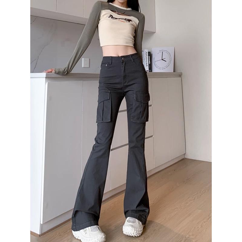 

Women s Gray Micro-Flare High-Waisted Cargo Pants, 2025 Spring/Summer Collection - Slimming Multi-Pocket, Floor-Length Extra Large
