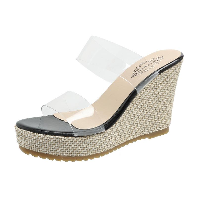 

Женские туфли на танкетке 2025 года, летние европейские и американские новые модные прозрачные однотонные туфли на толстой подошве, классные женские туфли 40 чёрный