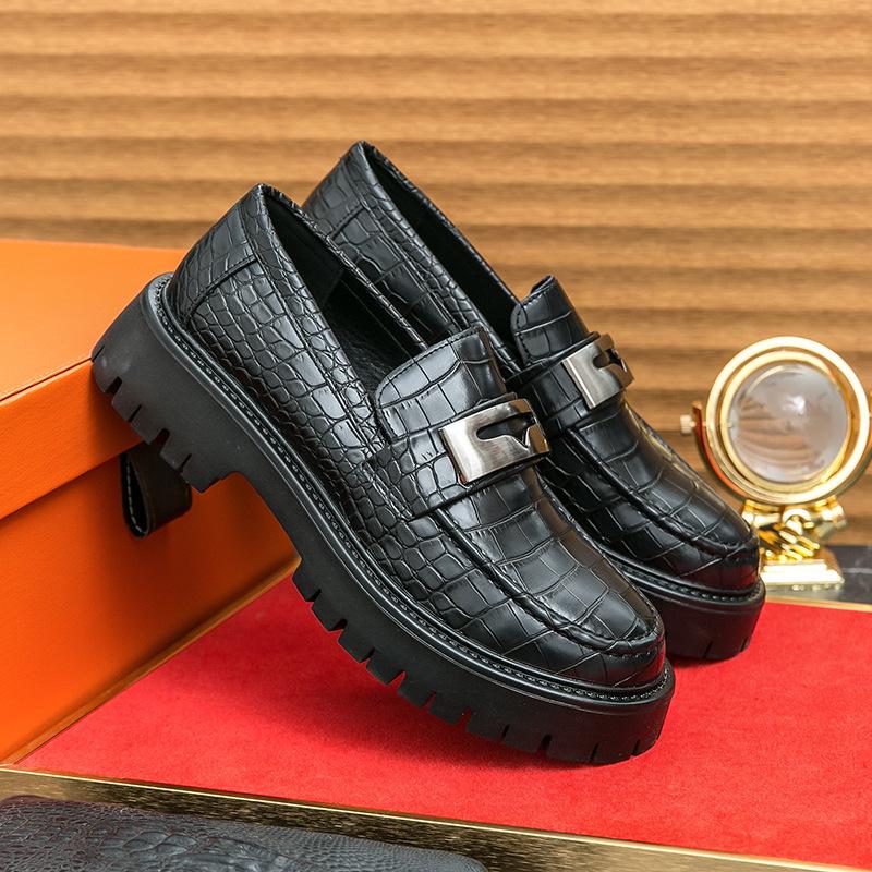 Men's Glossy Leather Thick-Soled Loafers - British Style Slip-On, Large Size, for Spring & Autumn