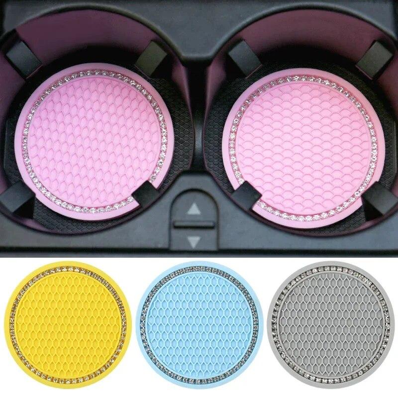 2Pcs Car Non-slip Water Cup Pad Diamond Rhinestone Decor For Car Bottle Holder Coaster Auto Interior Decoration Accessorie Tools