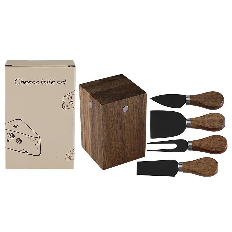 Acacia Wood Magnetic Cheese Knife Rack Stainless Steel Cheese Knife and Fork Set Cheese Knives 5 Piece Set