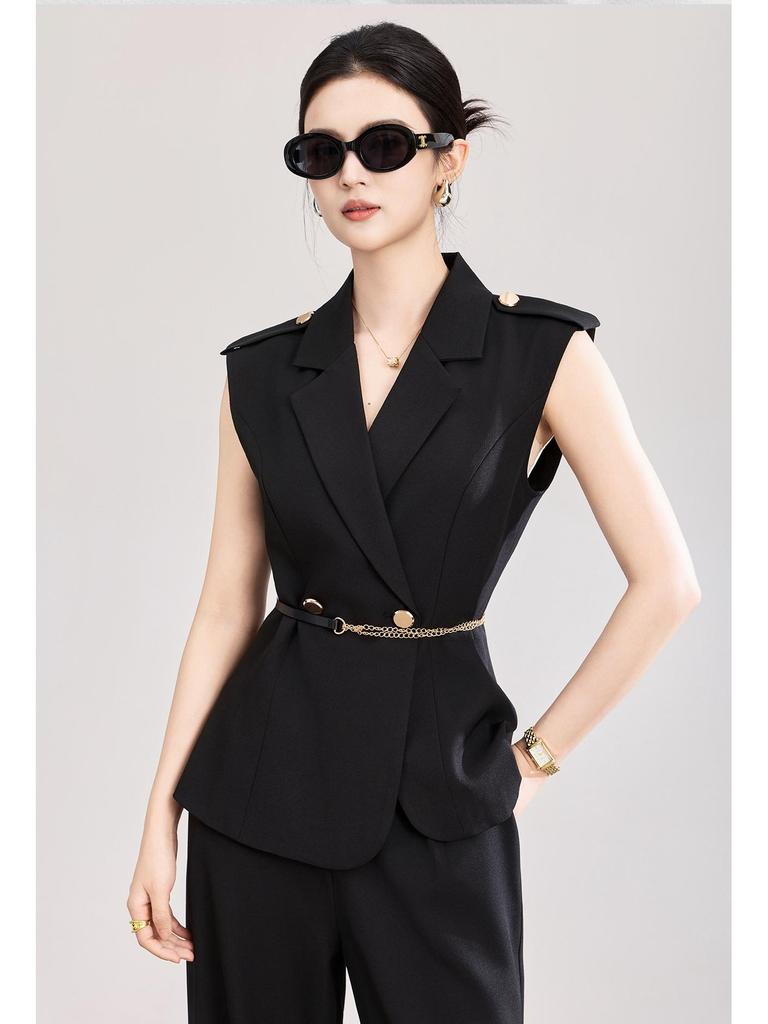 Women's Spring/Summer Age-Defying Suit Set: Waist-Cinched Vest & Draped Wide-Leg Pants.