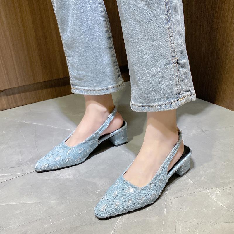 New style Baotou shoes - pointed toe, shallow toe opening, thick heel, flip-flops