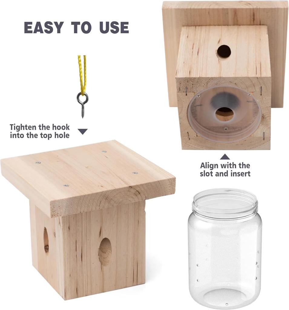 1 PCS Wood Carpenter Bee Trap For Outside - Natural Hanging Carpenter Bee Traps Outdoor With Plastic Collection Jar, Best Bee Trap For House - Insect