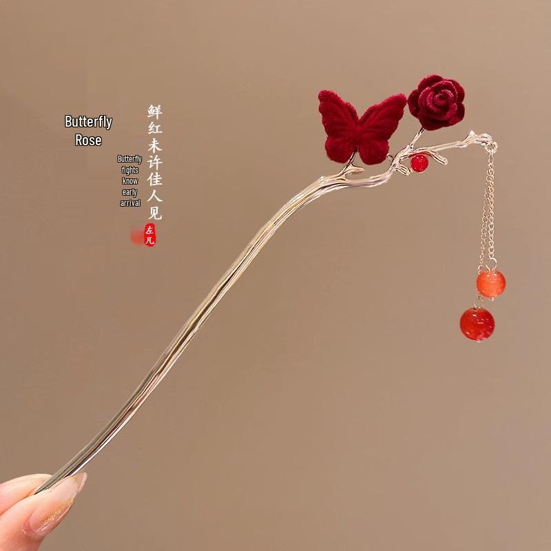 Elegant Red Rose Tassel Hairpin - U-shaped Hair Accessory for Women, Perfect for Updos and Traditional Attire.