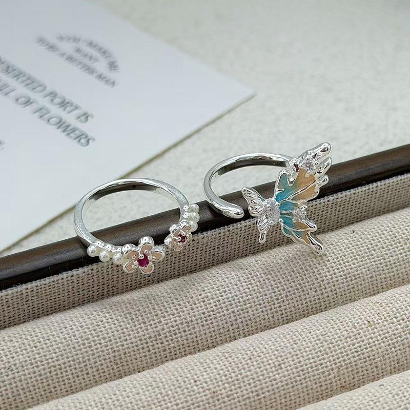 High Sense Gradual Change Butterfly Enamel Open Ring Flower Bead Niche Design Temperament Exquisite Ring Woman