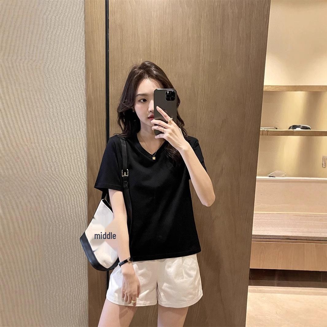 

2025 Summer V-Neck Irregular Hem Hot Girl Short Sleeve T-Shirt for Women L