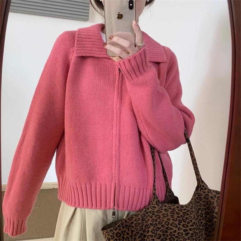 High-end Fashion Lapel Double Zipper Sweater Women's Autumn and Winter New Lazy Style Casual Knitted Cardigan Jacket