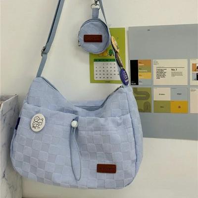 Leisure Style College Crossbody Bag New Cute Fashion Designer Handbag  Solid Color Plaid Print Large Capacity Shoulder Bag