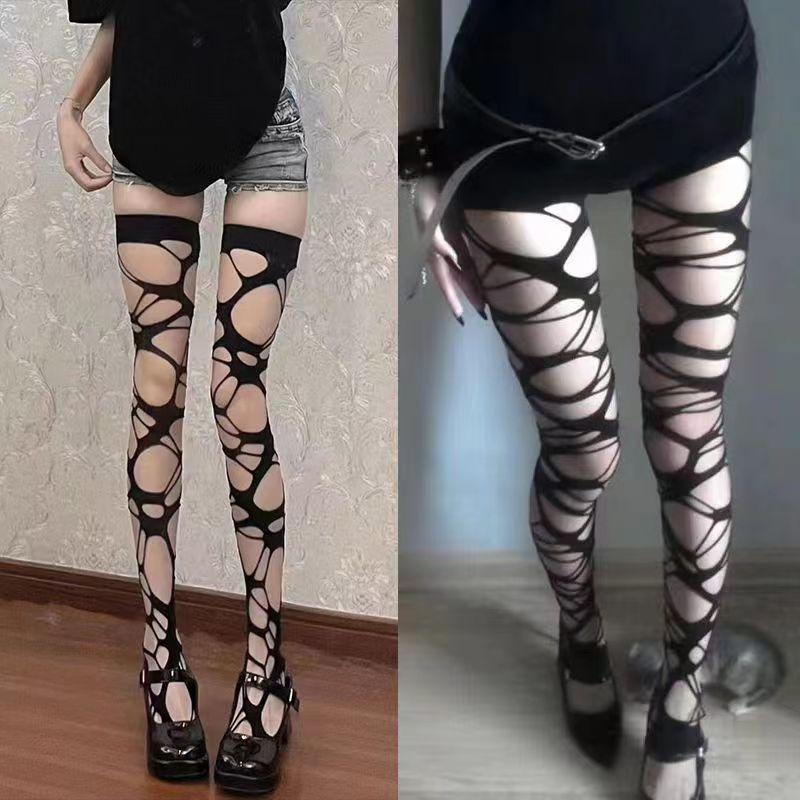 Irregular Hollow Fishnet Women Thigh High Stocking Gothic Sexy High Elastic Pure Color Stockings