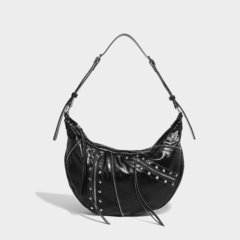 2024 Spring New Fashionable Oil Wax Leather Croissant Bag Motorcycle Crossbody Bag for Women, Unique Design, Casual Dumpling Bag